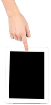 Hand using tablet with black screen on isolated white background