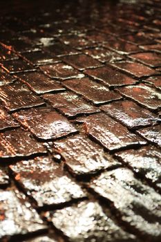 Night city. Closeup of wet cobblestone at night after rain