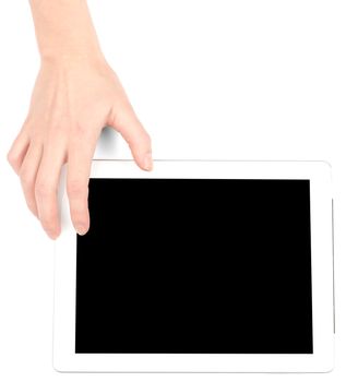 Female hand using tablet with black screen on isolated white background, closeup