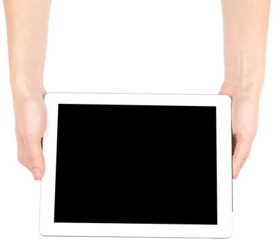 Female hands holding tablet with black screen on isolated white background