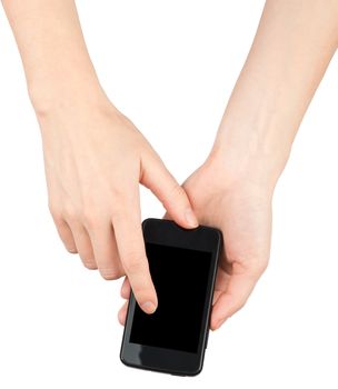 Female hands using smartphone with blank screen on isolated white background