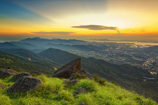 Sunset over new territories in hong kong as viewed atop Tai Mo Shan