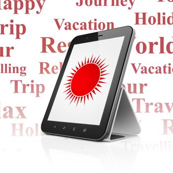 Vacation concept: Tablet Computer with  red Sun icon on display,  Tag Cloud background