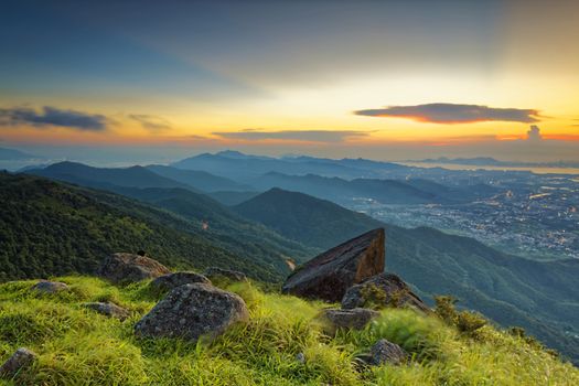 Sunset over new territories in hong kong as viewed atop Tai Mo Shan