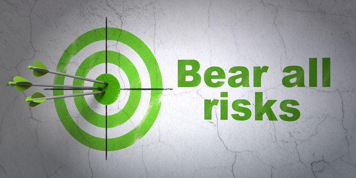 Success Insurance concept: arrows hitting the center of target, Green Bear All Risks on wall background