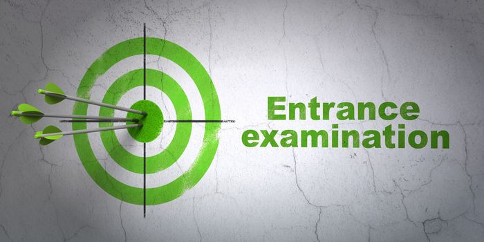 Success Learning concept: arrows hitting the center of target, Green Entrance Examination on wall background