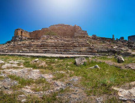 Pammukale, Turkey - July, 2015: photo of ancient city Hierapolis, near modern turkey city Denizli