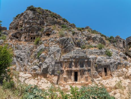 Ancient lycian Myra rock tomb ruins at Turkey Demre