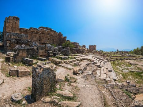 Pammukale, Turkey - July, 2015: photo of ancient city Hierapolis, near modern turkey city Denizli