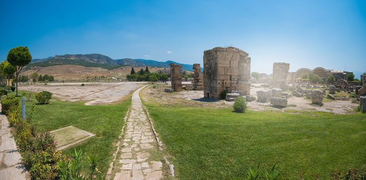 Pammukale, Turkey - July, 2015: photo of ancient city Hierapolis, near modern turkey city Denizli