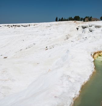 Pammukale, Turkey - July, 2015: panoramic view of Pammukale near modern turkey city Denizli