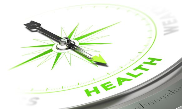 Compass with needle pointing the word health, white and green tones. Background image for illustration of medical concept