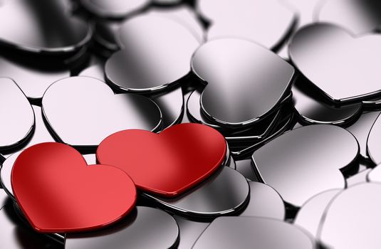 Union of two red hearts shapes over many metal hearts, symbol of love and valentine day event