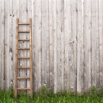 grey plank wall with wooden ladder background