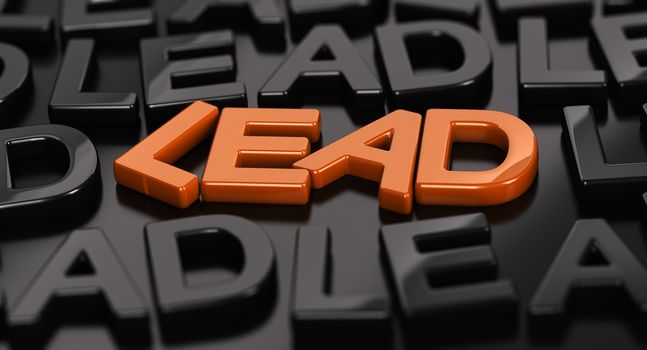 Focus on the orange word lead with many black words around over black background. 3D concept illustration of hot leads.