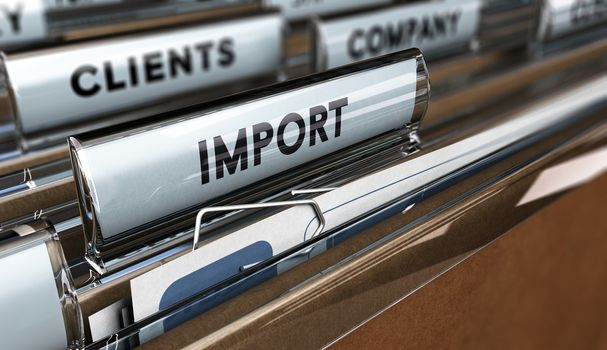 Close up on a file tab with the word import, focus on the main text and blur effect. Concept image for illustration of global business