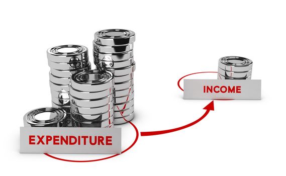 Generic coins over white background, expenditure is higher than income, symbol of commercial bankruptcy or debts. 