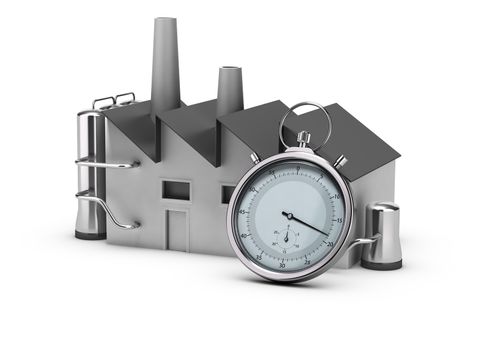 Illustration of productivity. 3D render of a factory and a stopwatch. Image over white background.