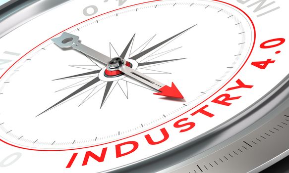 Compass with needle pointing the word industry 4.0. Concept of industrial future confidence concept over white background.