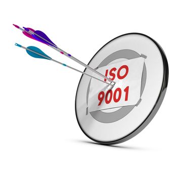 One target with three colorfull arrows hitting the text ISO 9001. Concept image for illustration of quality standard.