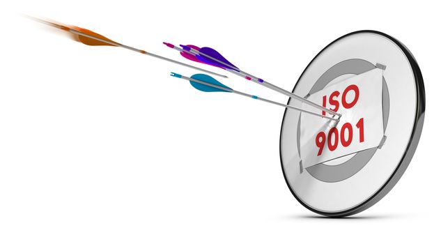 One target with three colorfull arrows hitting the text ISO 9001. Concept image for illustration of quality standard.