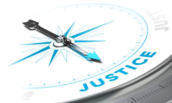 Compass with needle pointing the word justice, white and blue tones. Background image for illustration of law