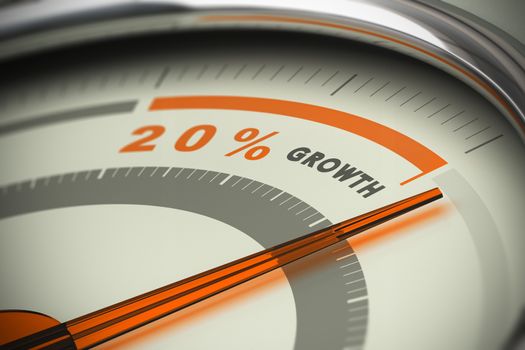 Dial with the needle surpassing the target of twenty percent growth. Conceptual 3D image for illustration of motivation, KPI and exceed sales objectives.