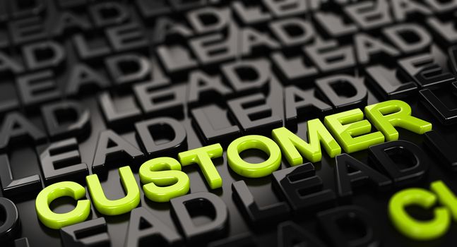 Focus on the word customer with lead words surrounding it around over black background. 3D concept illustration of leads to sale convertion.