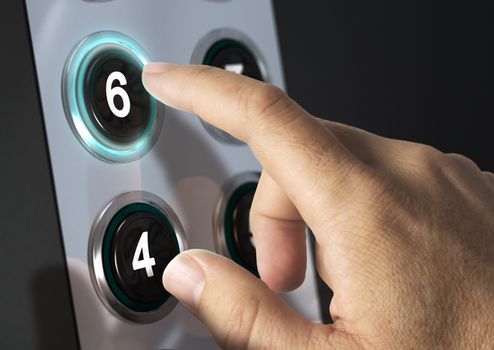 Elevator buttons with finger pressing the number six, concept of choice