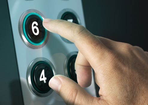 Elevator buttons with finger pressing the number six, concept of choice