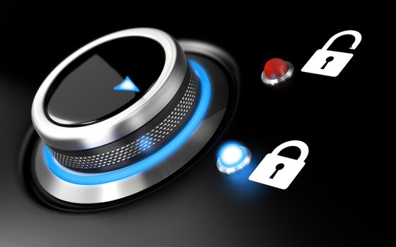 Data protection image. Conceptual illustration with a button and two padlock over black background. Blur effect and blue light.