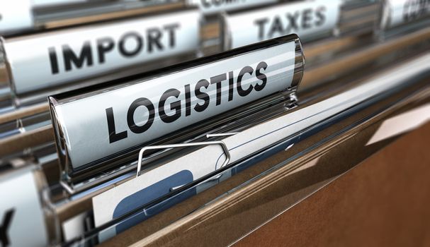 Close up on a file tab with the word logistics, focus on the main text and blur effect. Concept image for illustration of supply chain management.