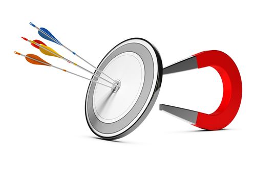 One target with many colorfull arrows hitting the center with a horseshoe magnet at the background. Concept image suitable for advertising and marketing purpose or communication illustration.