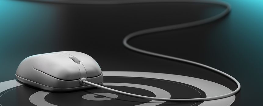 White mouse over a target with wire, black background, blue reflection and blur effect