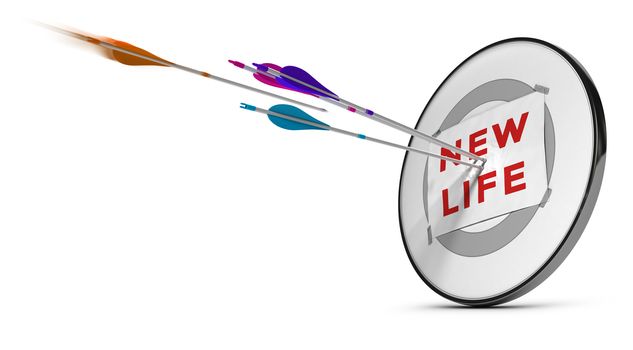 One target with three colorful arrows hitting the text new life. Concept image for illustration of successfuly start a new life or self confidence, .