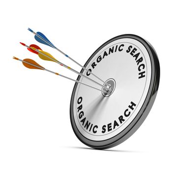 Organic search results on a target with four arrows hitting the center, concept for online visibility