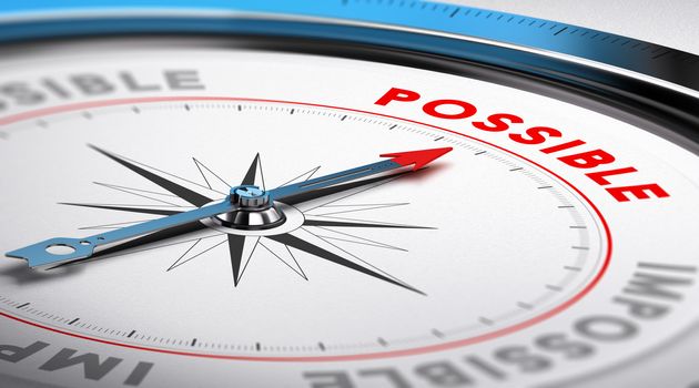 Compass with needle pointing the word possible. Conceptual illustration suitable for motivation purpose or goal achievement.