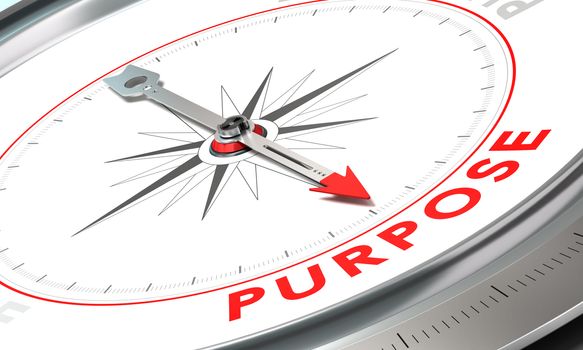 Compass with needle pointing the word purpose. Conceptual illustration for achieving goals.