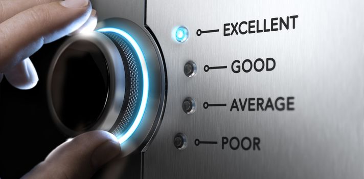 Hand turning a knob to the top position, blue light and blur effect. Concept image for excellent customer service.