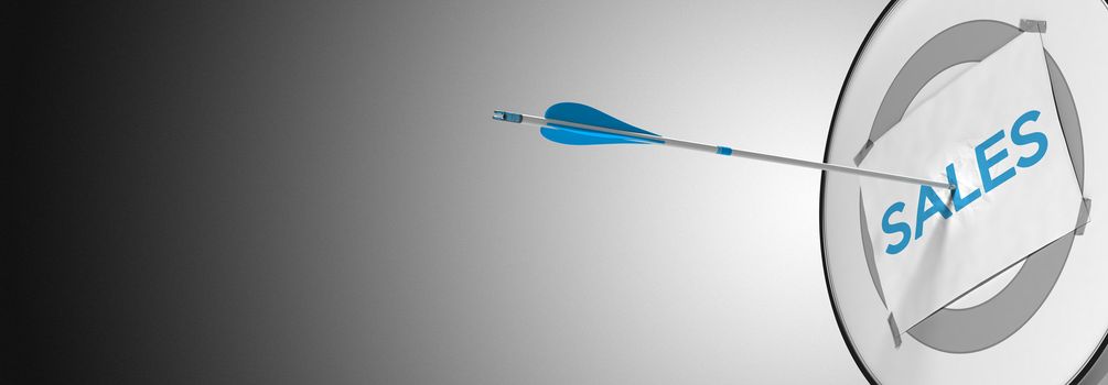 One arrow hitting the center of a modern dart, target concept to illustrate successful sales prospection or strategy. 3D render.