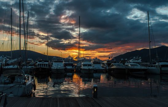 Sunset in marina Porto Montenegro, Tivat, Montenegro