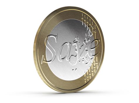 Save euro coin over white background with shadow and scratches. Conceptual image for illustration of money saving. Finance concept.
