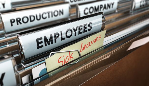 Close up on a file tab with the word employees plus a note with the text sick leaves, blur effect at the background. Concept image for illustration of sick leave entilement.