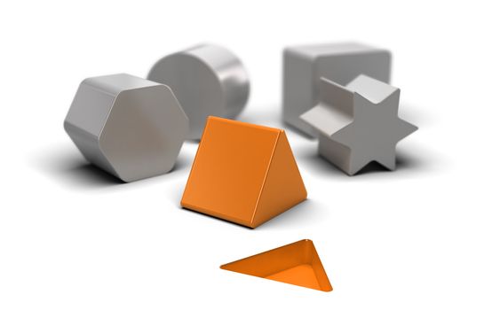 Shaped blocks over white background with an orange one who fit the shape on the floor. Concept image for illustration of easy and simple things