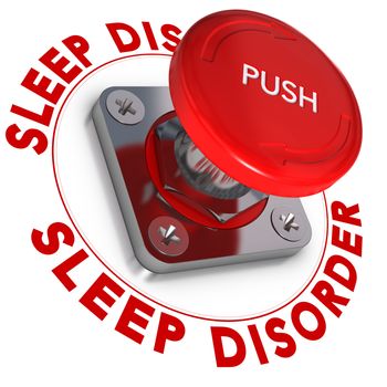 Sleep disorder word written around a panic button, white background, somnipathy concept