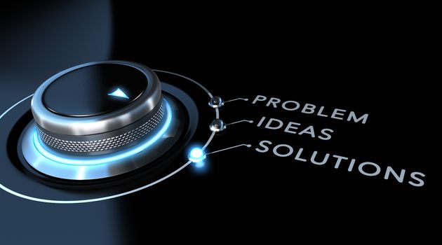 Solution switch positioned on the word solutions over black and blue background. Concept of problem solving. 
