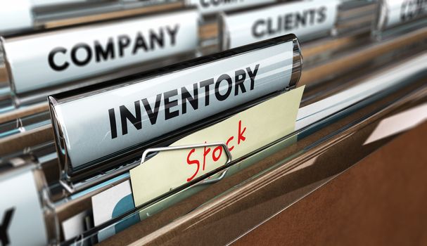 Close up on a file tab with the word inventory and a note fixed with a paperclip where it is handwritten stock, focus on the main text and blur effect. Concept image for illustration of inventory management.