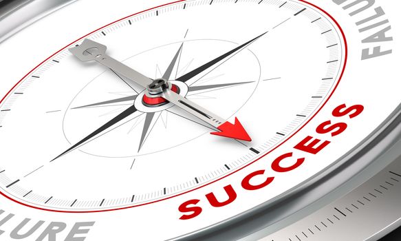 Compass with needle pointing the word success. Conceptual illustration for motivation purpose. Business concept image.