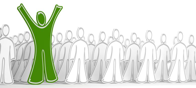 Many white character with arms down and one green person with his arms raised. Conceptual illustration symbol of success in business or successful candidate.