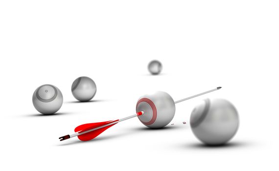 Concept image for illustration of setting goals and achieve them. Sphere targets over white background with one arrow hitting the center of the red one